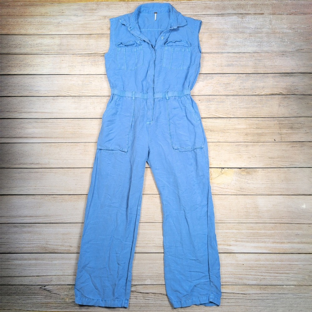 YFB‎ Young Fabulous & Broke Free People Linen Jumpsuit Wide Leg Utility Blue L